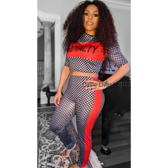 Miz Red Royalty Checkered Black & Gray Crop Top & Bodycon Legging Set XL - Picture 5 of 7
